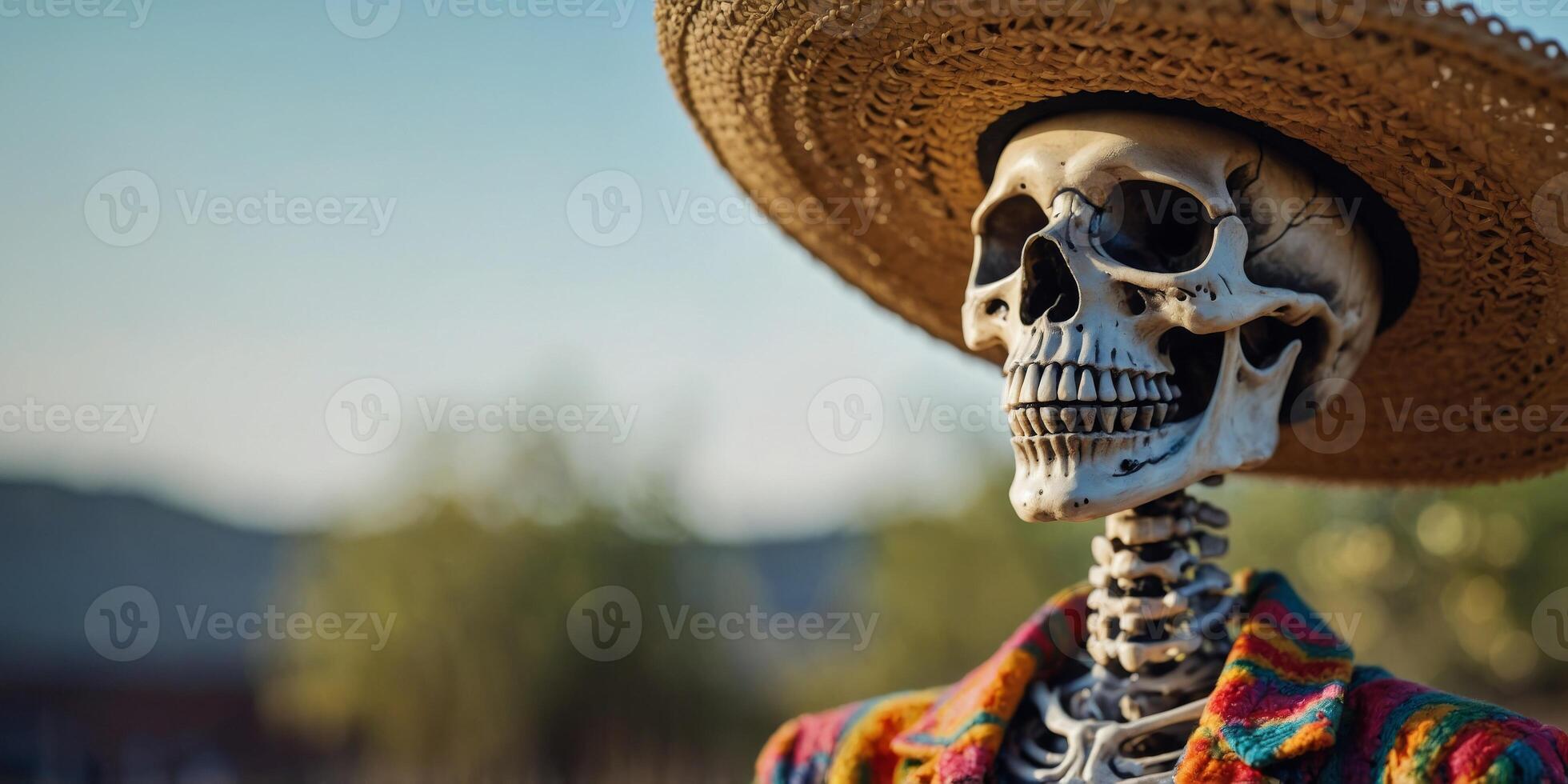 A skeleton wearing a sombrero and a colorful jacket. photo