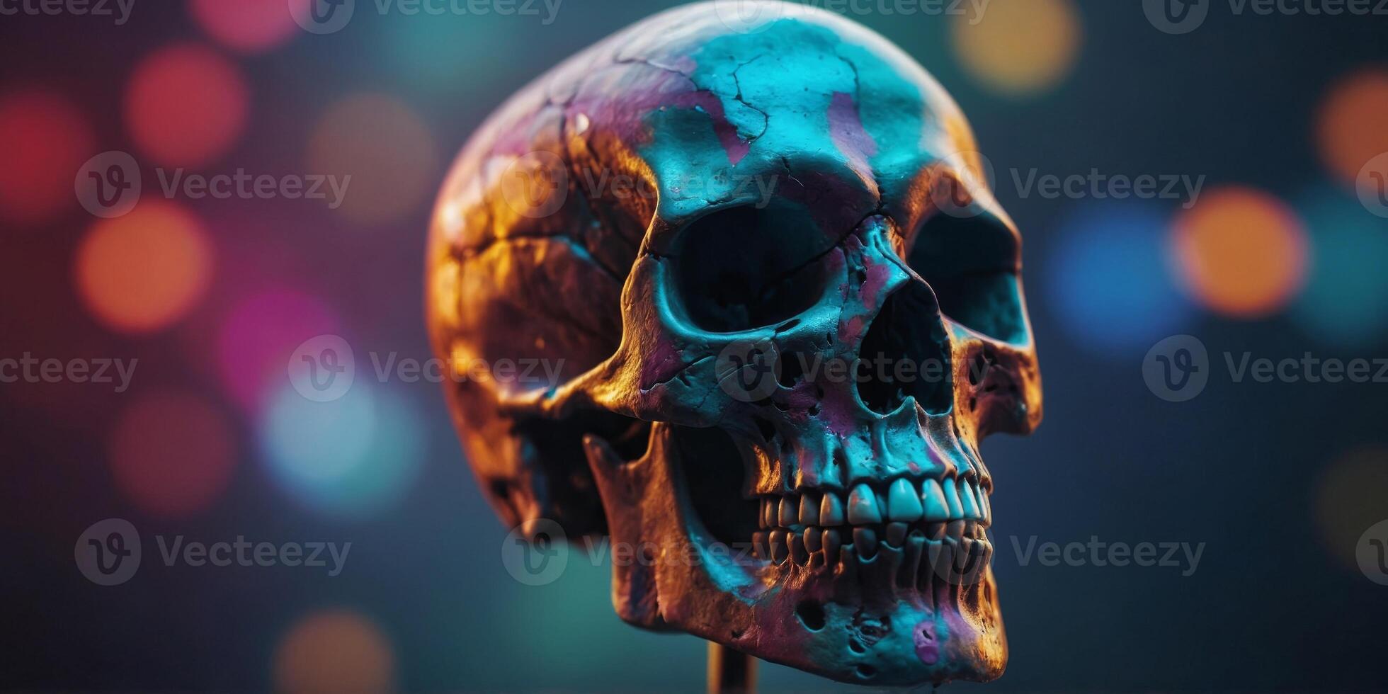 A colorful design of a skull with two birds on either side. photo