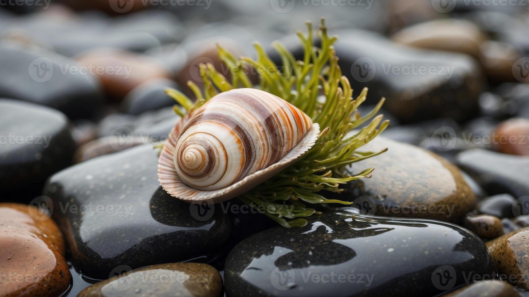 Striped shell and seaweed on wet rocks by shore. photo