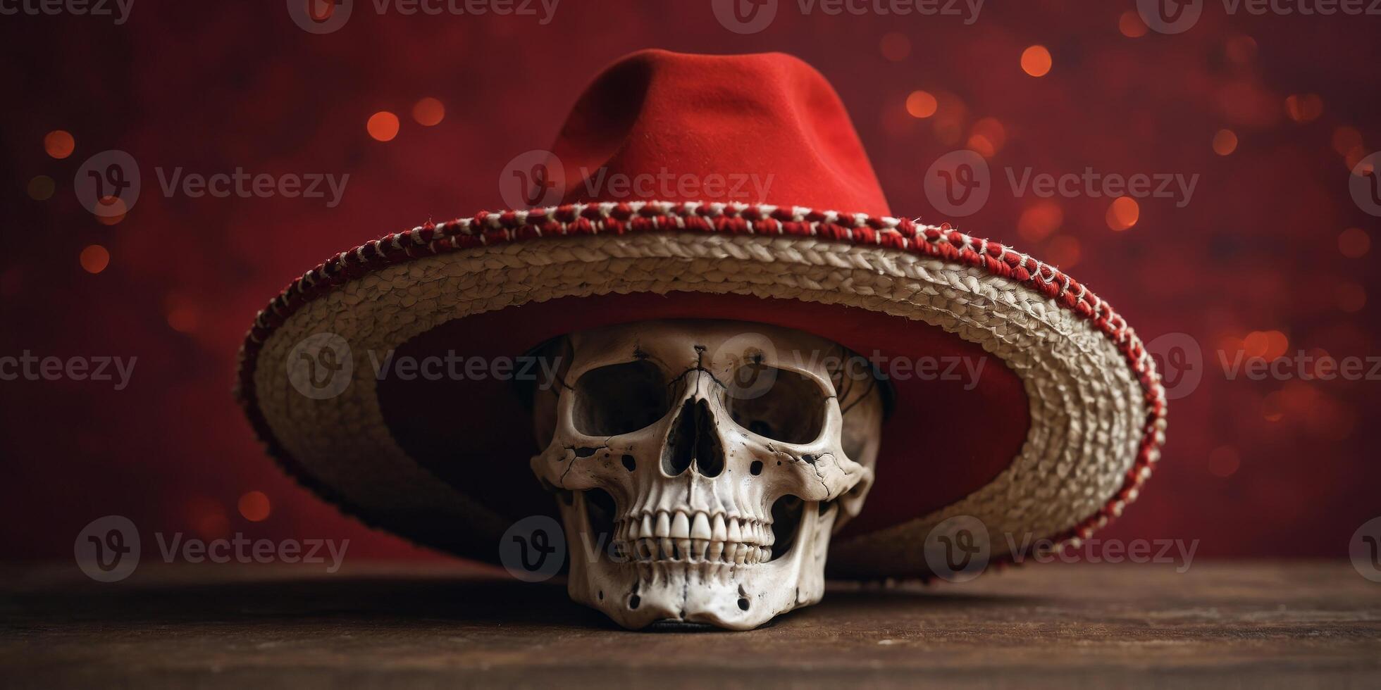 A skull with a sombrero on a red background. photo