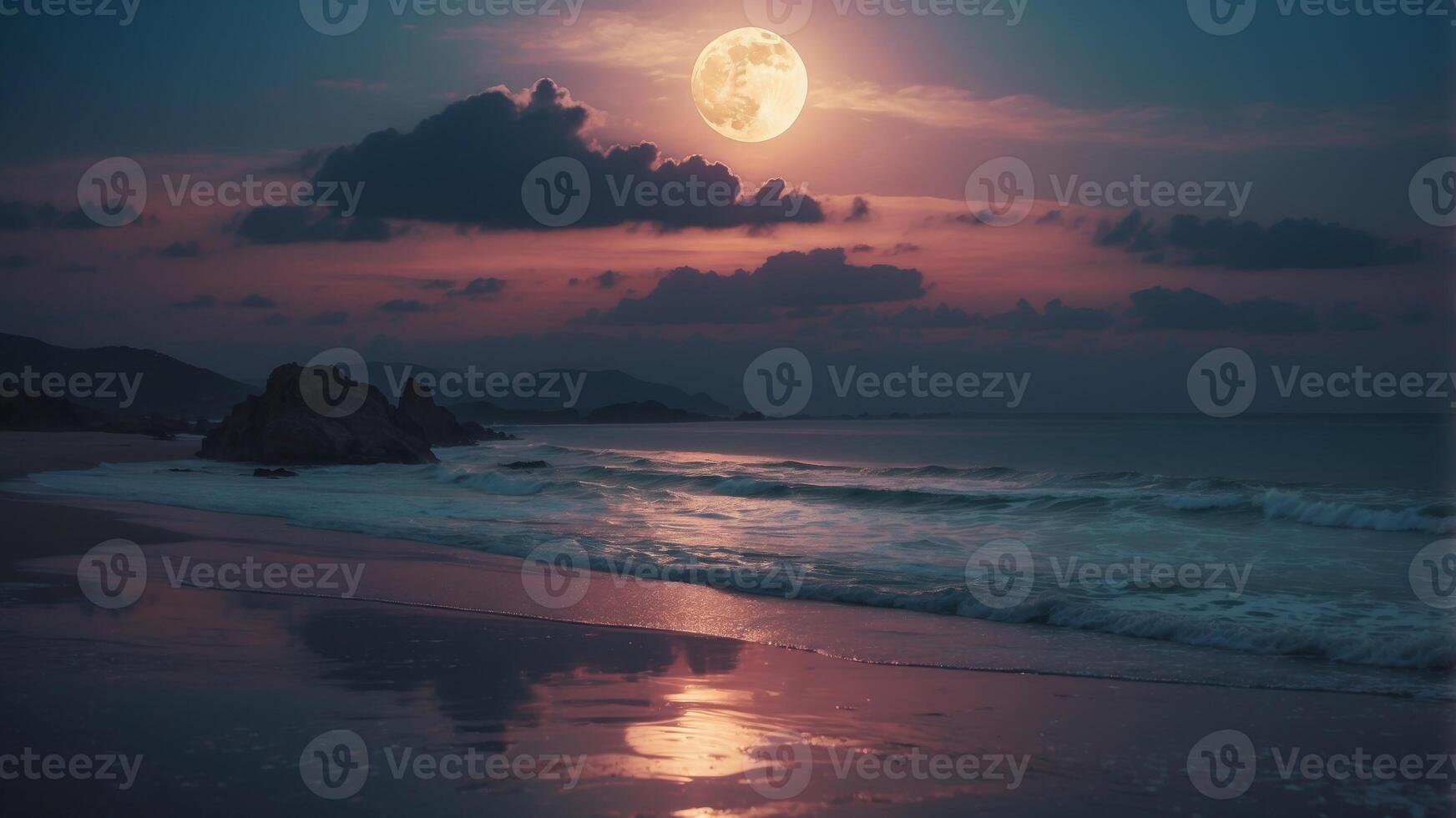 Serene Moonlit Ocean View with Clouds and Reflection. photo