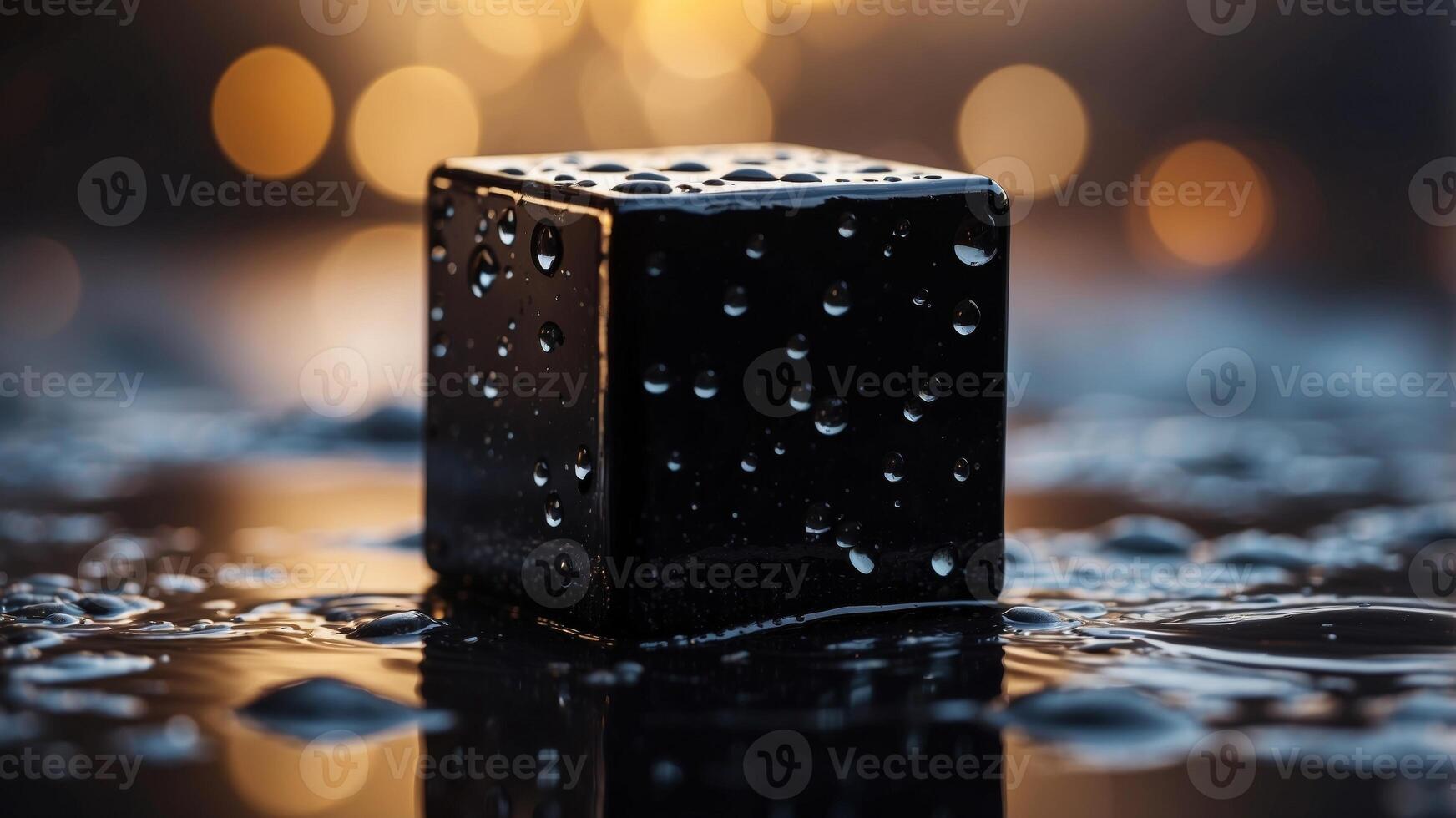 A close up of a black cube with a wet surface and a few small holes. photo