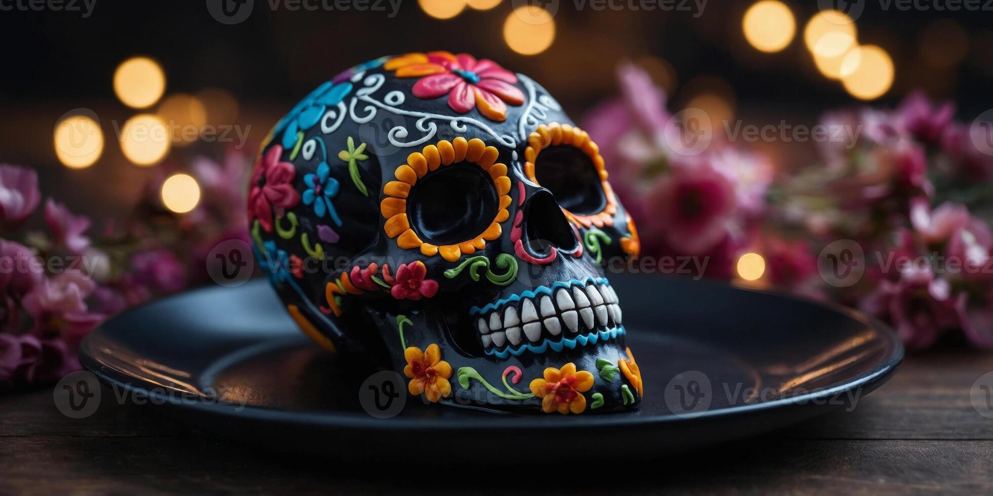 A decorated sugar skull sits on a black plate. photo