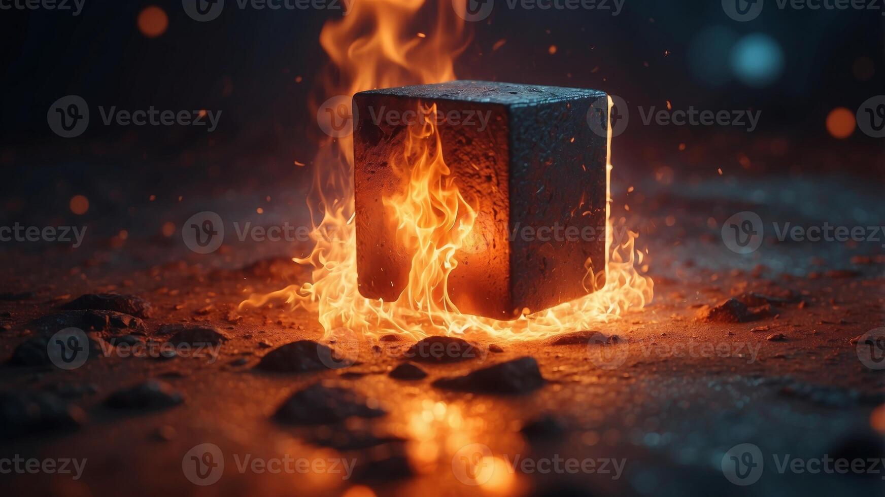 A close up of a cube alongside fire coming out of it. photo