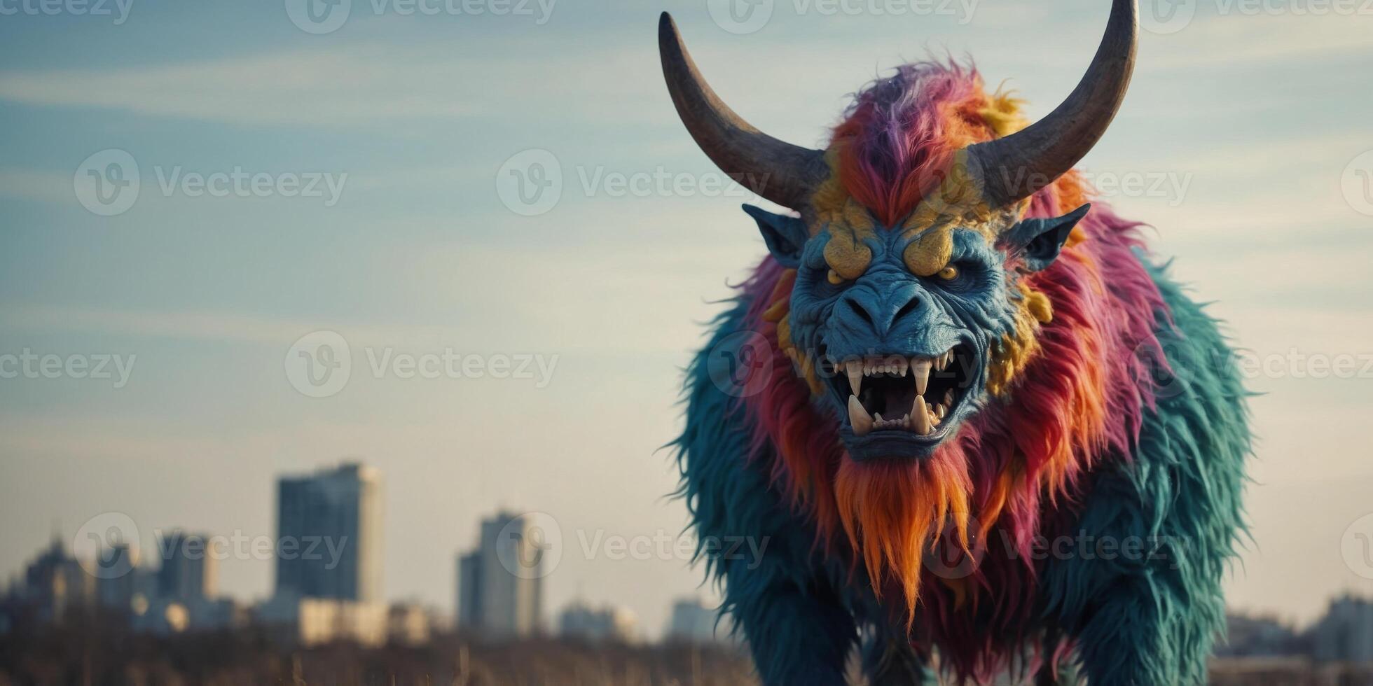 A Colorful Monster with Sharp Teeth and Horns. photo