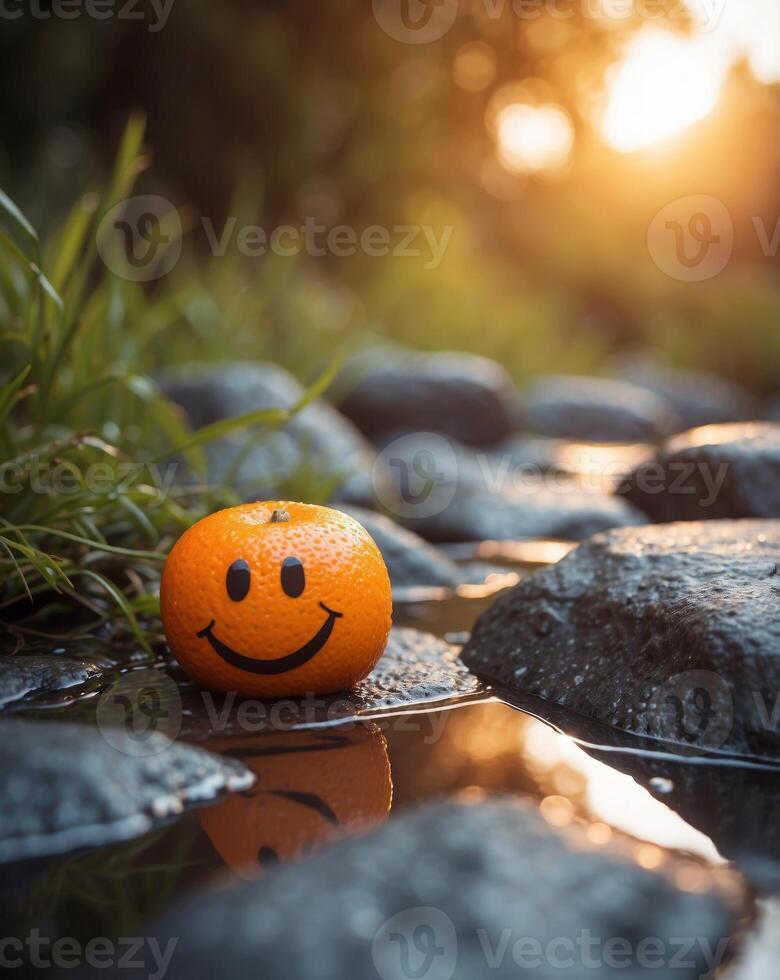 Smiling Orange on Wet Stone Pathway at Sunrise in Nature. photo