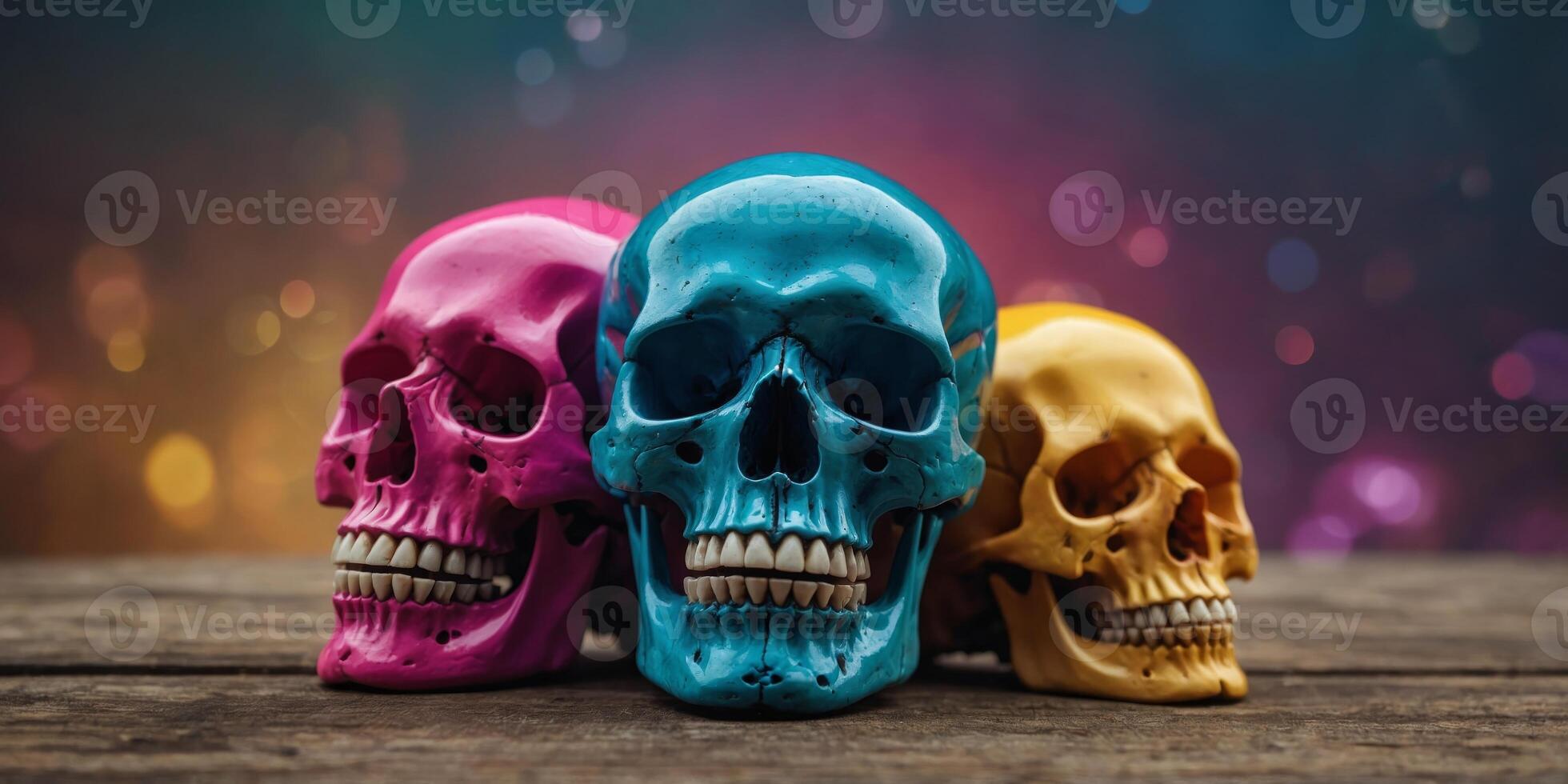 A colorful poster with three skulls and a cross. photo