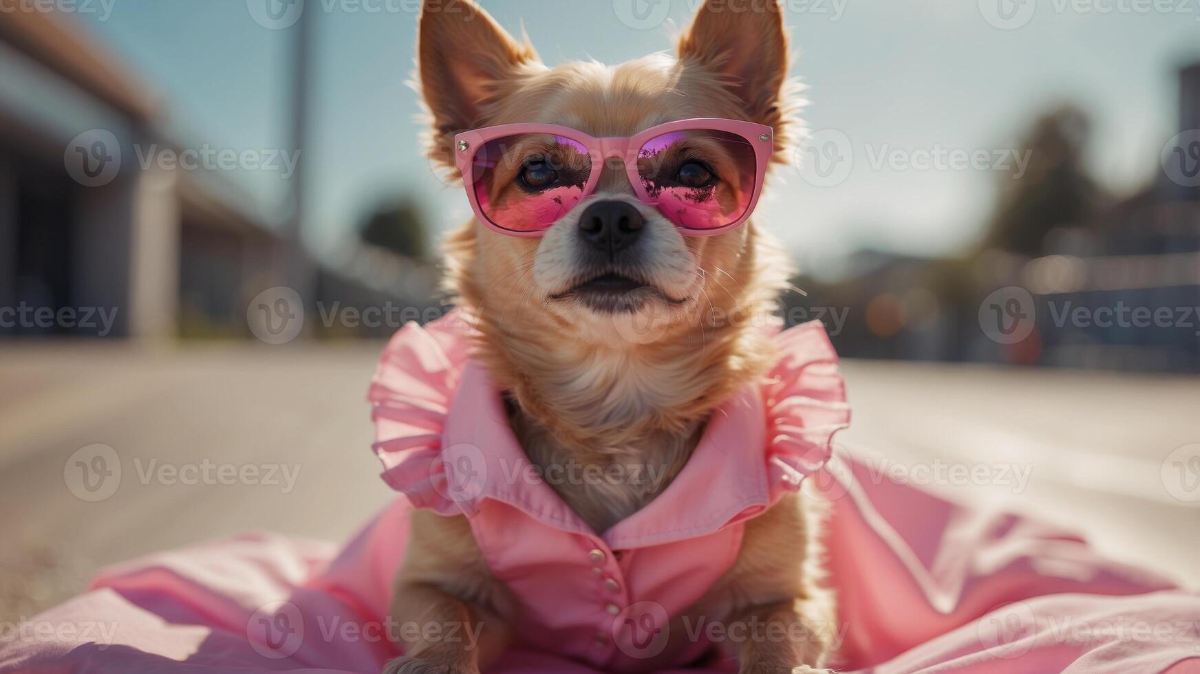 A small dog wearing a pink dress and sunglasses. photo