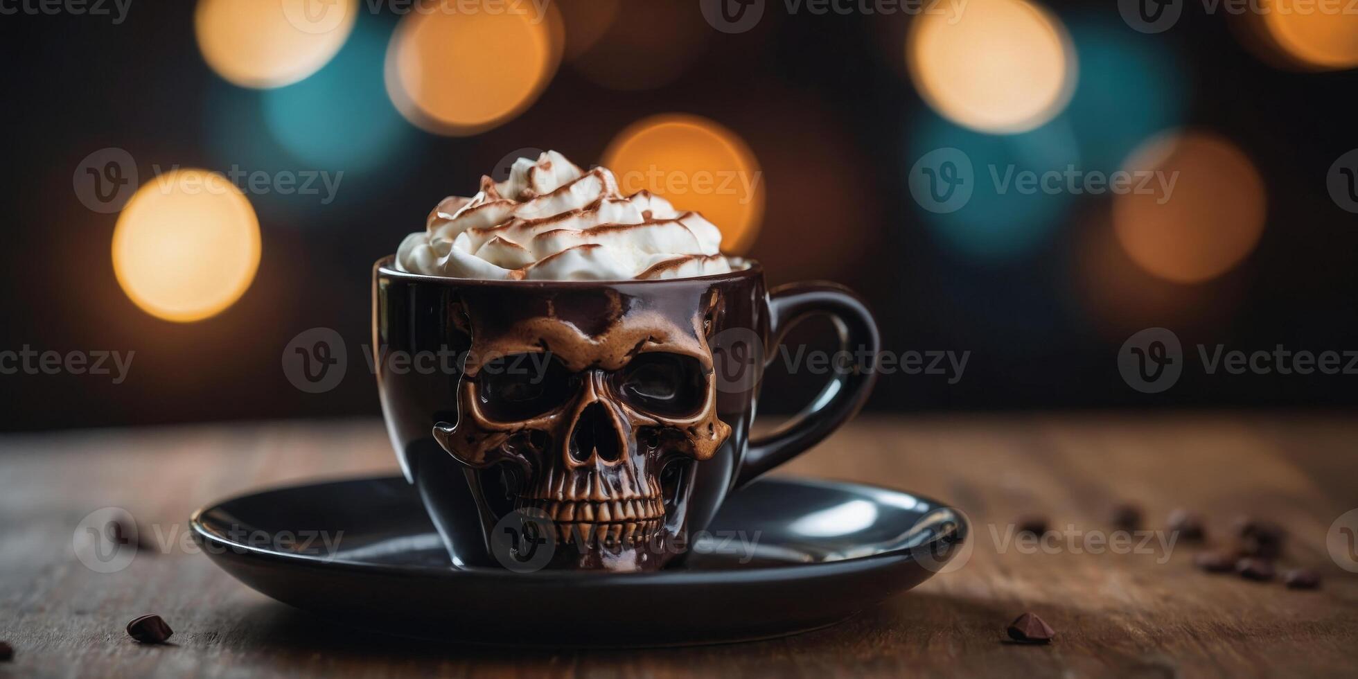 A cup of hot chocolate with a skull on it sits on a plate. photo