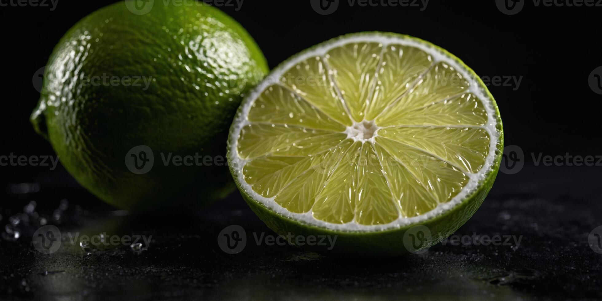 A lime slice is shown on a black background. photo