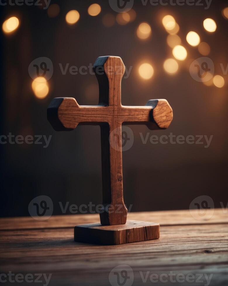 Silhouette of Wooden Cross on Wooden Table with Subdued Lighting and Peaceful Atmosphere. photo