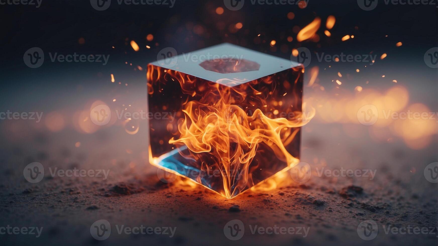A close up of a cube alongside fire coming out of it. photo