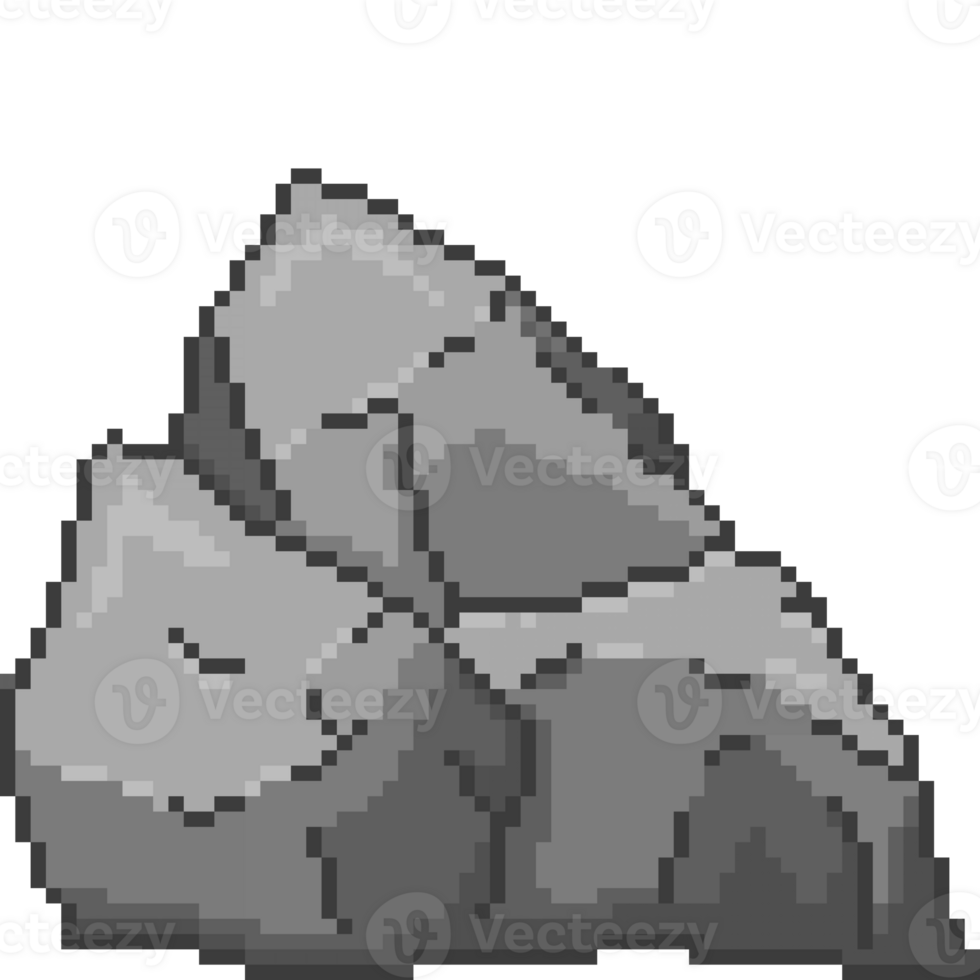 A retro-styled pixel-art illustration of a detailed gray rock with many edges and pivots. png