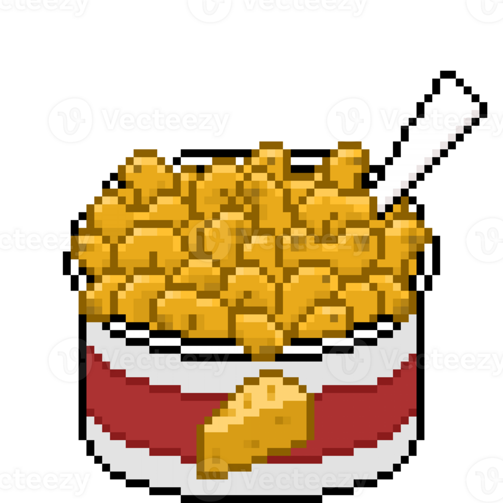 A retro-styled pixel-art illustration of a cup of mac and cheese. png