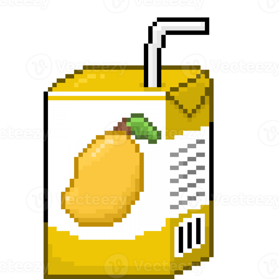 A retro-styled pixel-art illustration of a yellow and white juice box with a mango icon on the front. png