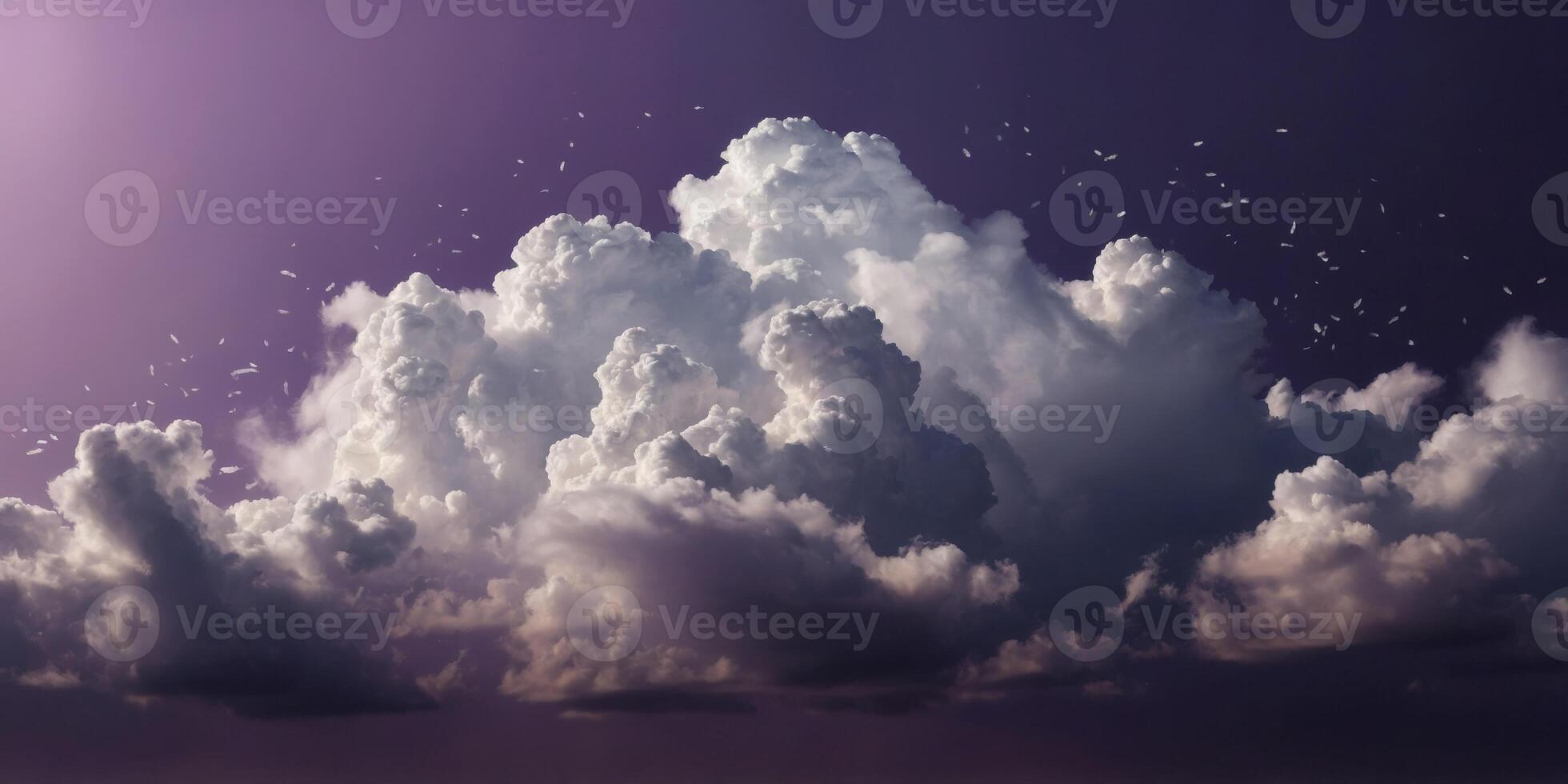 A cloud of white clouds is floating in the sky on a purple background. photo
