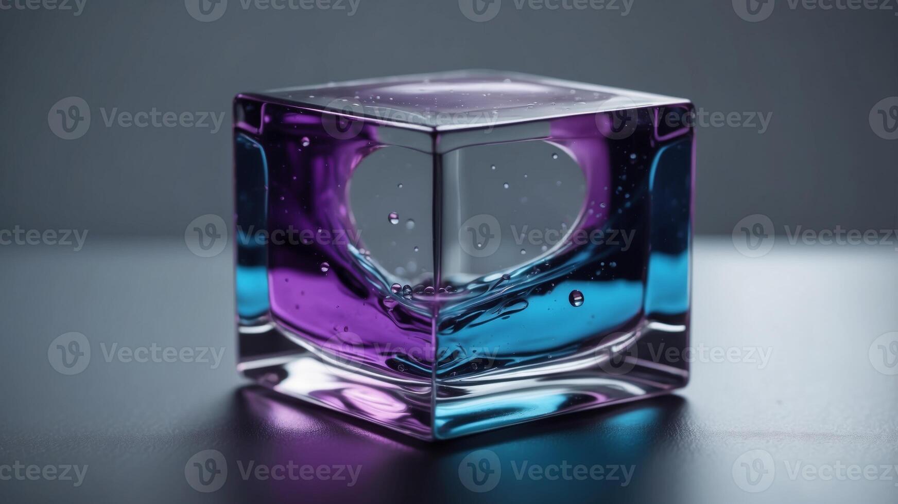 A clear cube with blue and purple liquid inside. photo