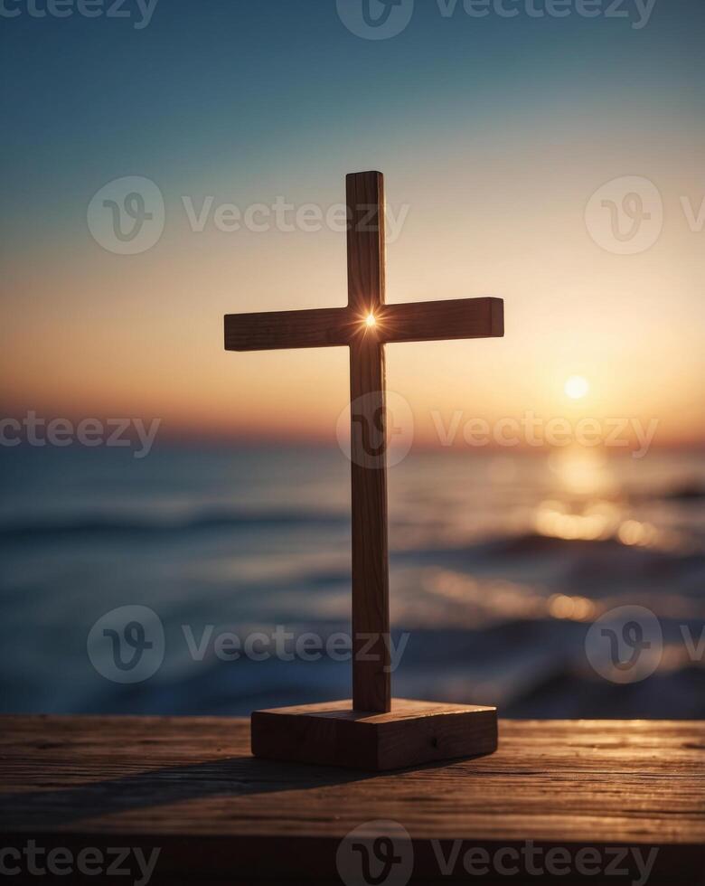 Silhouette of Wooden Cross on Wooden Table with Subdued Lighting and Peaceful Atmosphere. photo