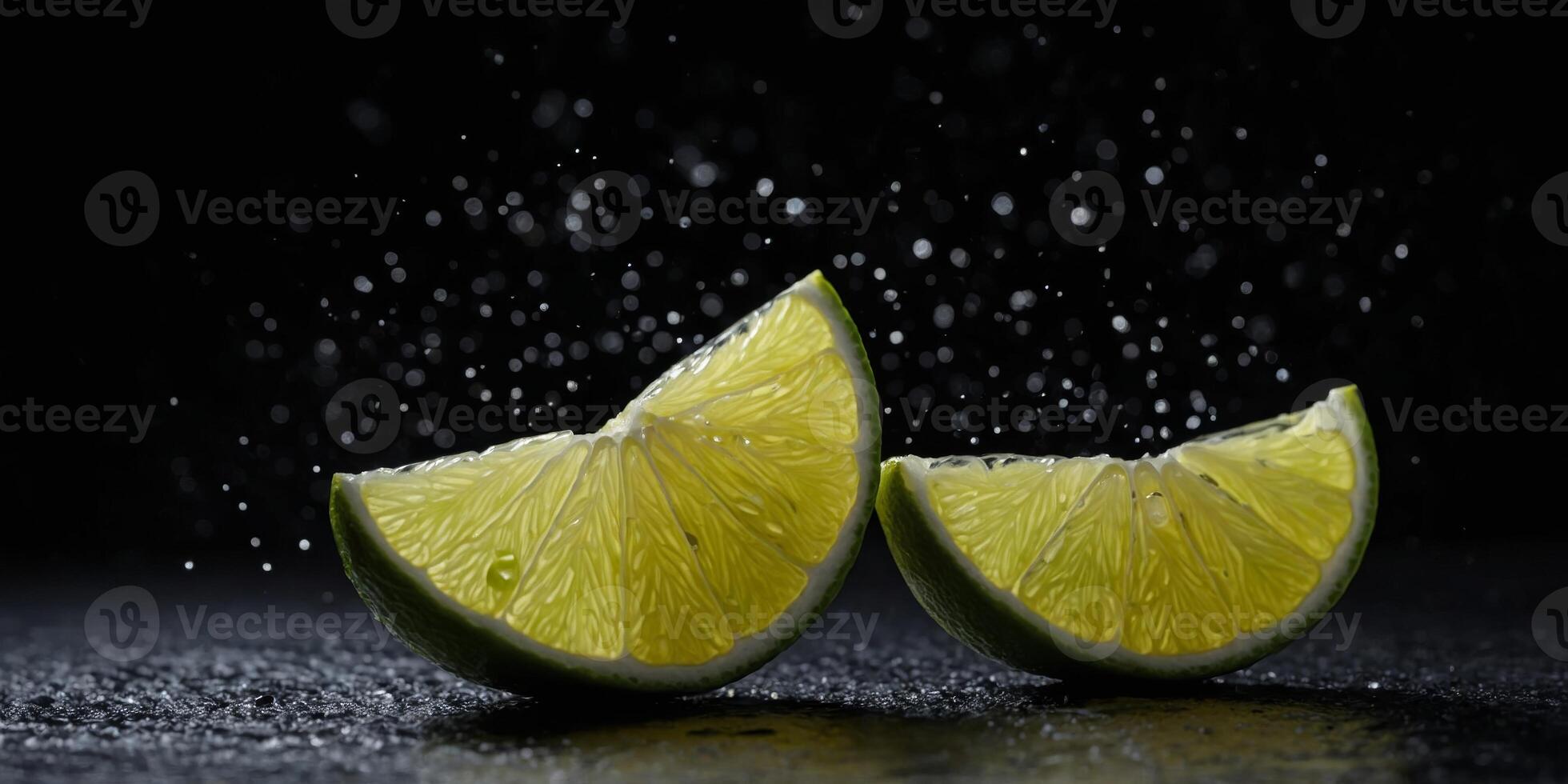 A lime slice is shown on a black background. photo