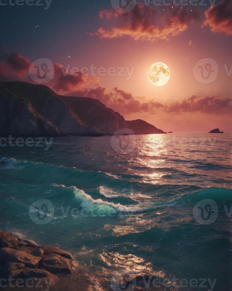 Serene Seascape with Moonlit Sky and Glowing Ocean. photo