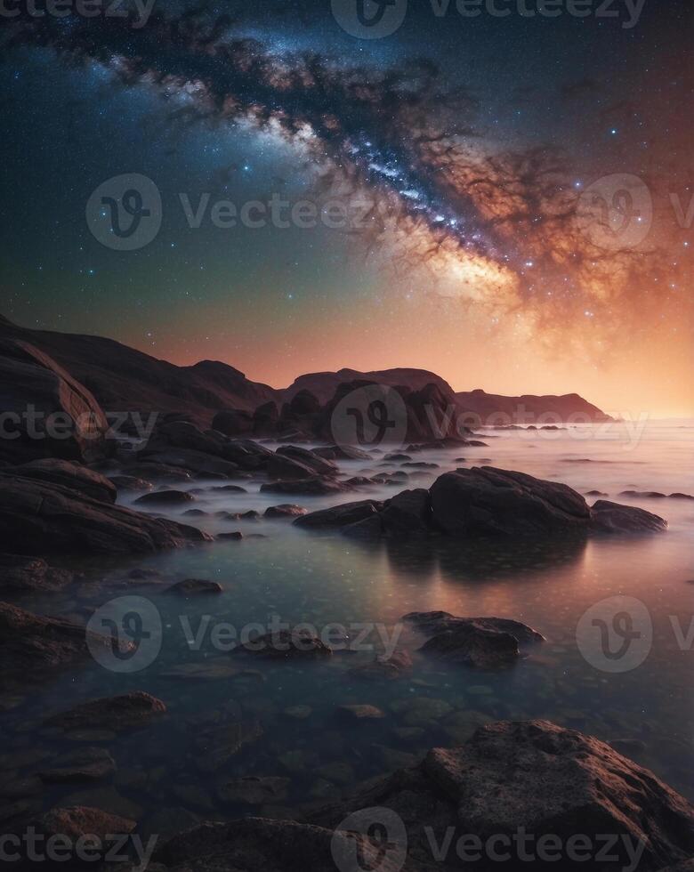 Serene Starry Night Seascape with Milky Way Reflection. photo