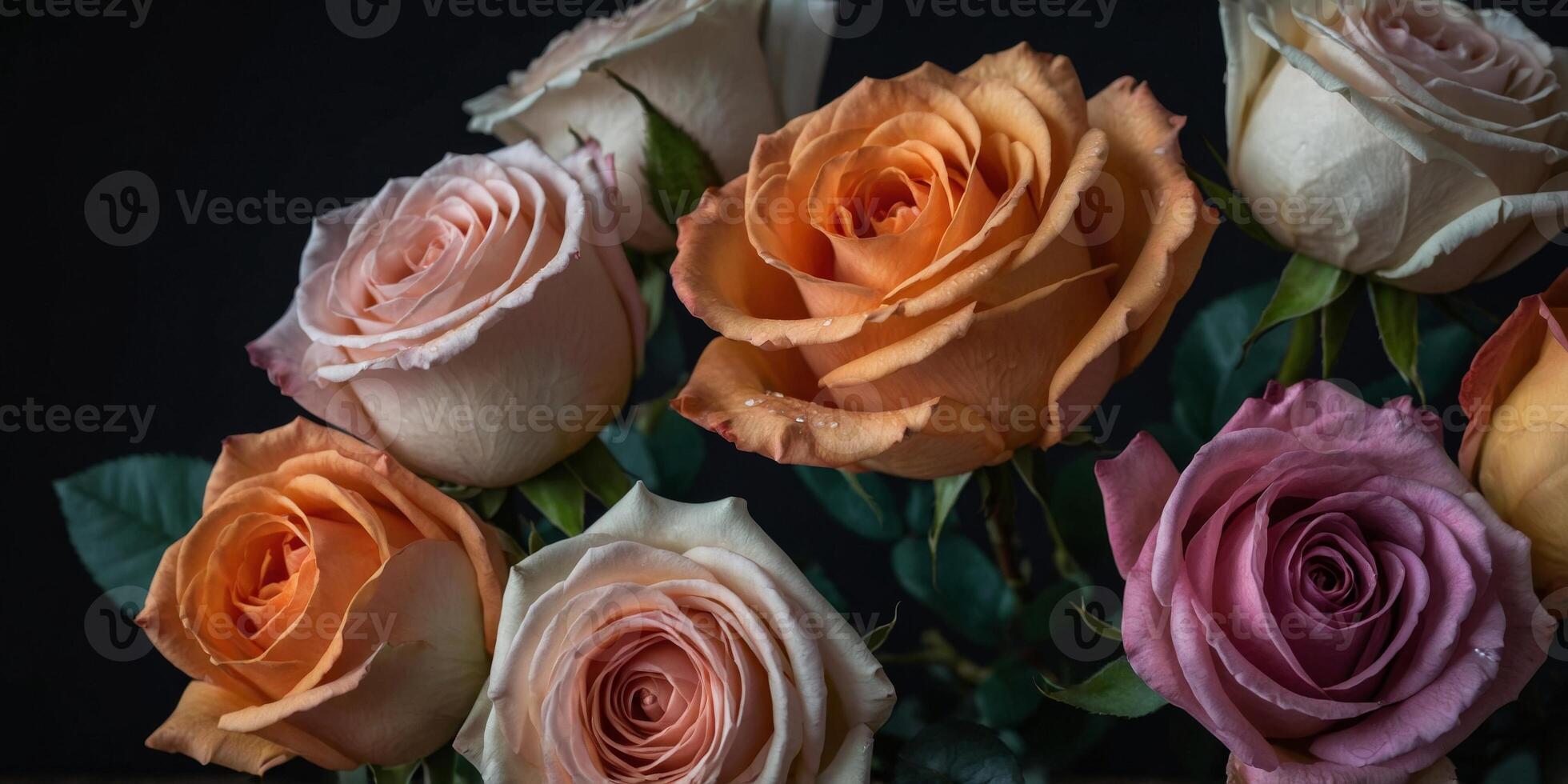 bouquet of artificial roses on a black background. photo