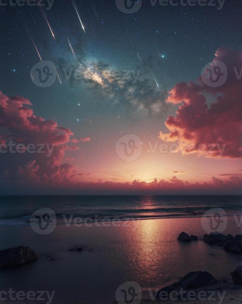 Starry Night Sky with Meteor above Tranquil Sea and Clouds. photo