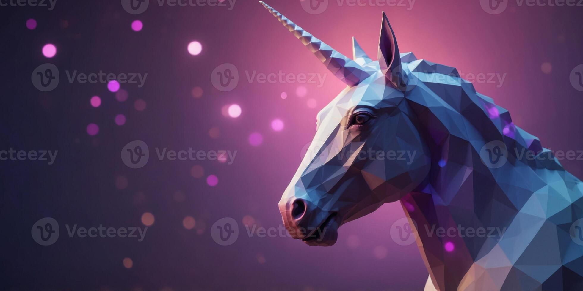Low Poly Unicorn Head with Horn in Purple and Pink Lighting. photo