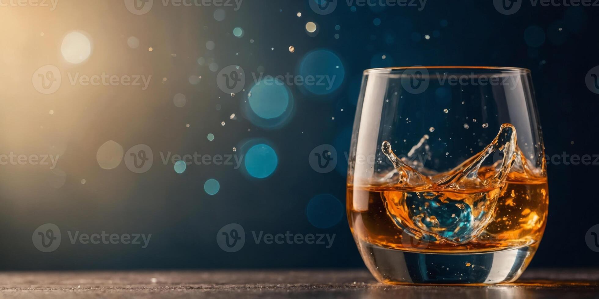 A glass of liquor is sitting on a table with a splash of water on top of it. photo