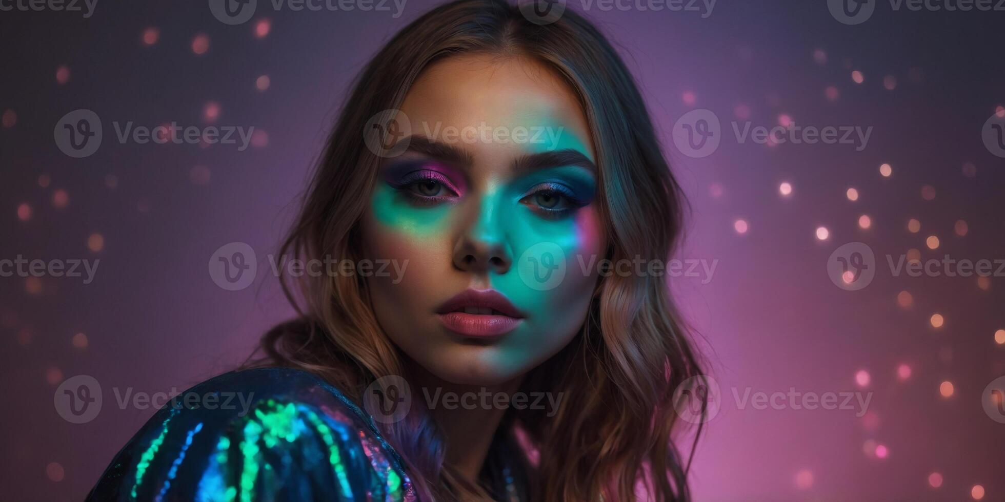 Beautiful young fashionable girl with art make up in color light. photo