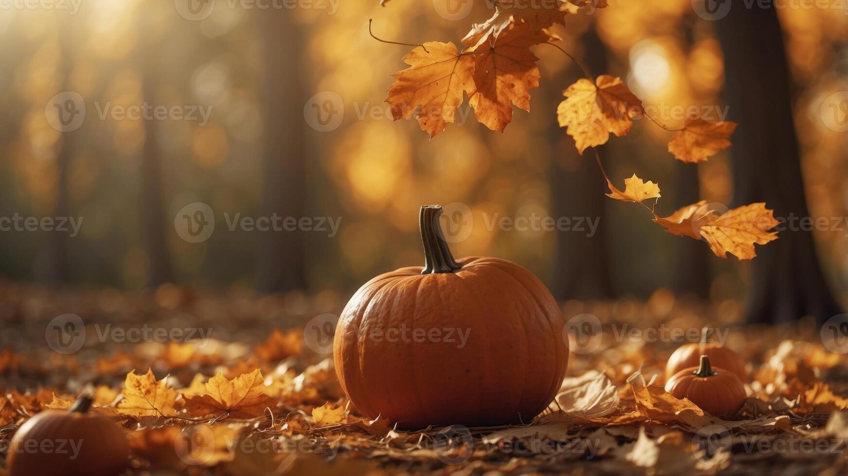 Autumn Harvest Scene with Pumpkins and Fall Leaves in Sunlit Forest - Perfect for Thanksgiving Designs. photo