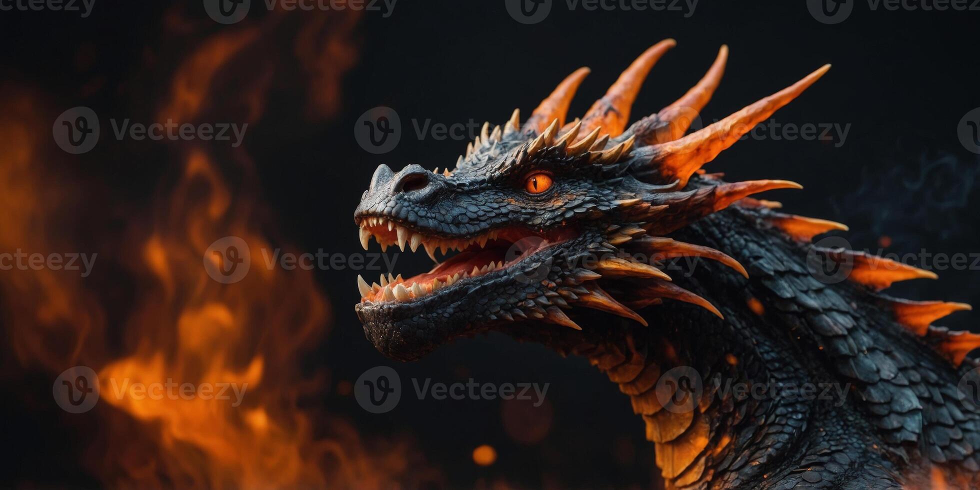 A dragon with a fiery mouth is shown in a black and orange background. photo