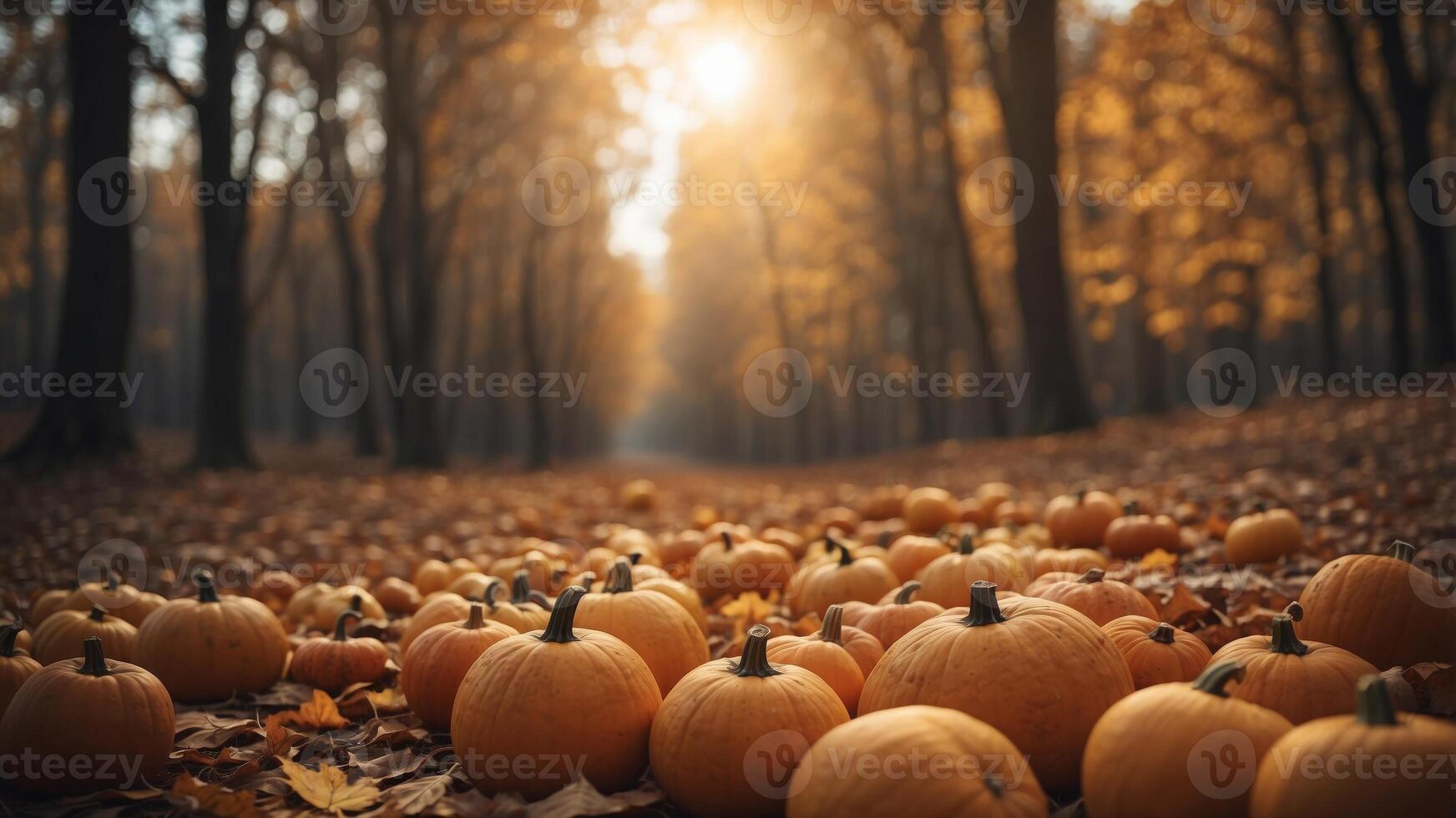Autumn Harvest Scene with Pumpkins and Fall Leaves in Sunlit Forest - Perfect for Thanksgiving Designs. photo