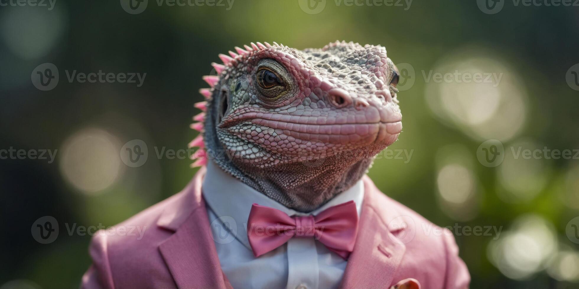 lizard wearing a pink suit and sunglasses with a pink bow tie. photo