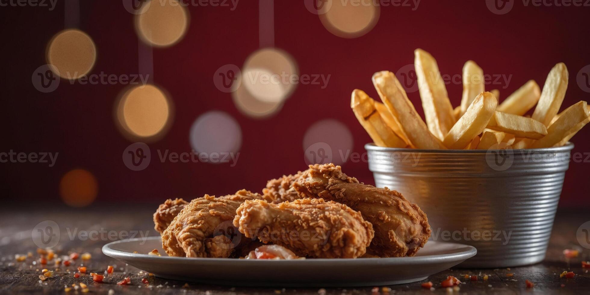 A close up of fried chicken and french fries on a red background. photo