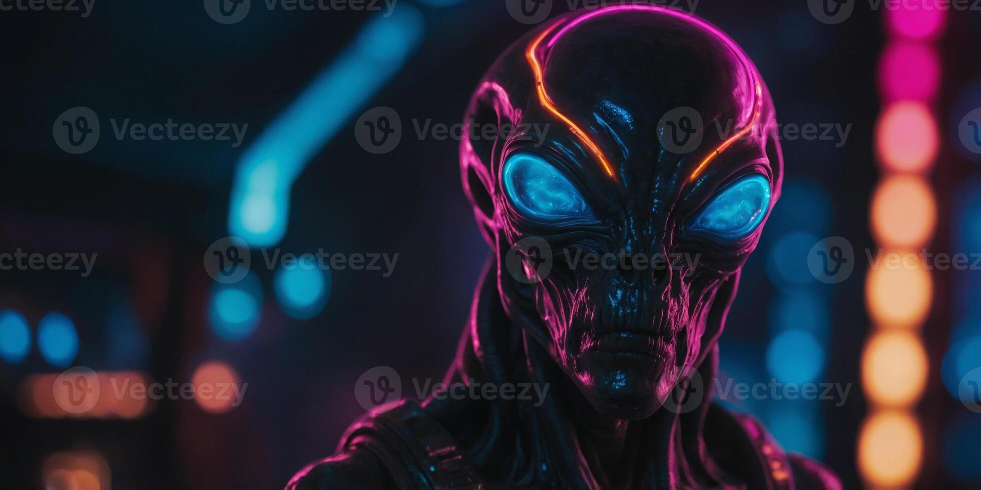 a vertical shot of a alien with neon lights. photo