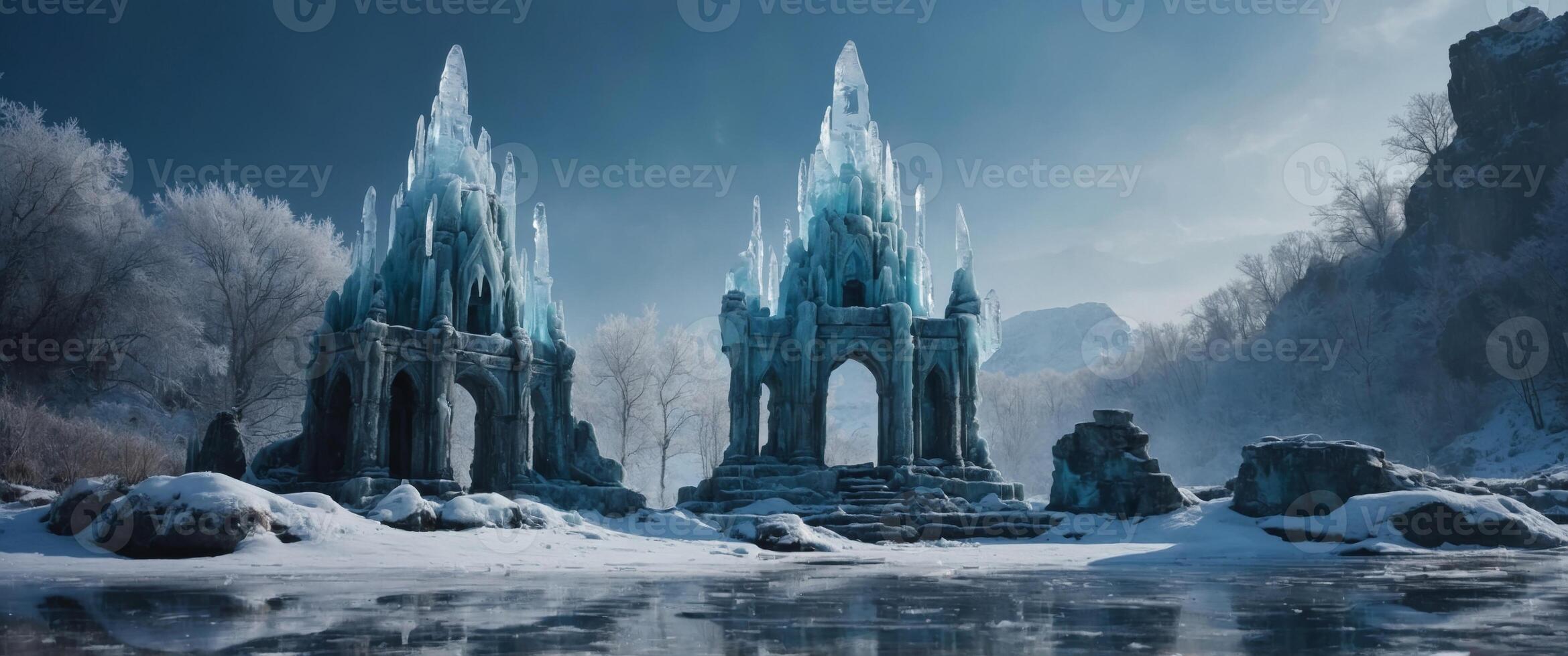 Mystical frozen temple ruins overgrown with ice and snow. photo