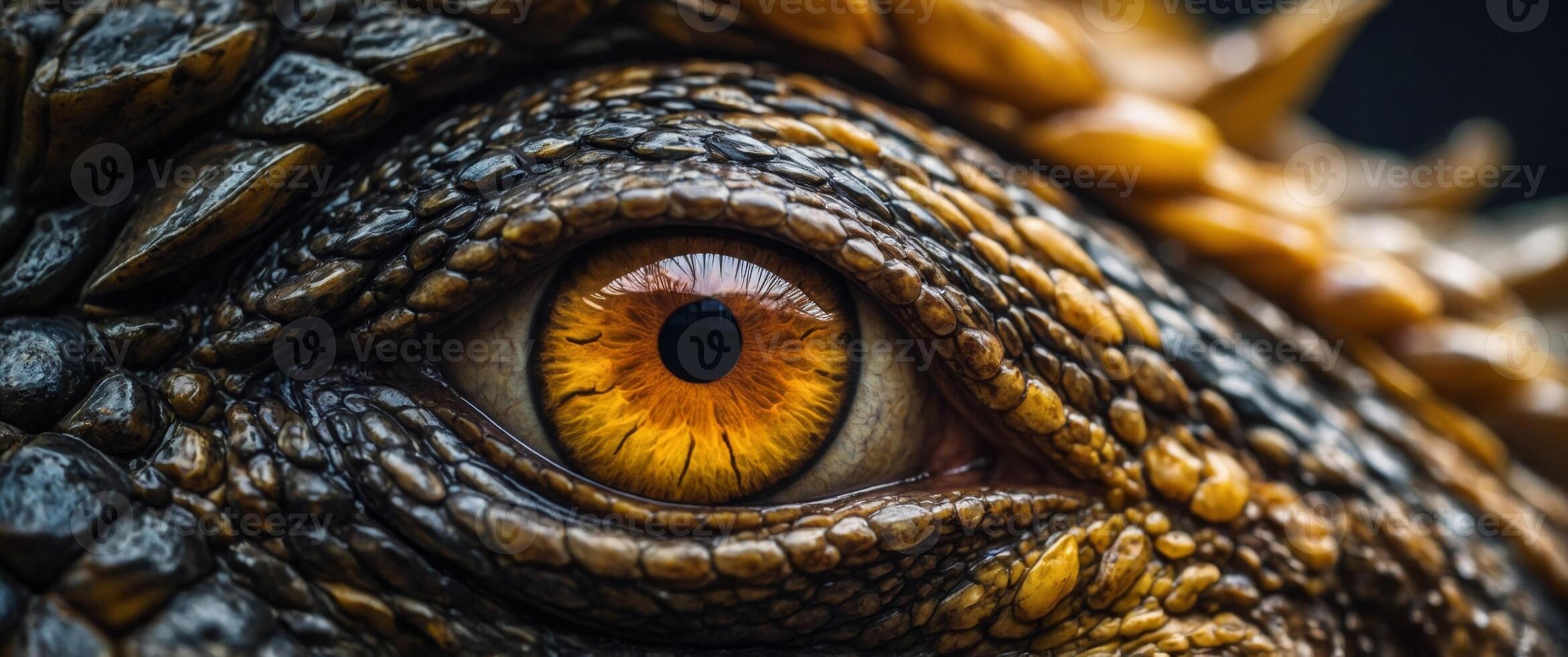 An close up of a dragon's eye with a dark brown iris and a yellow pupil. photo