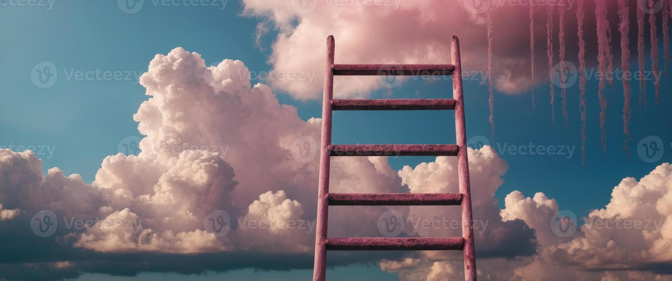 Ladder reaching towards a fluffy pink and blue cloud. photo