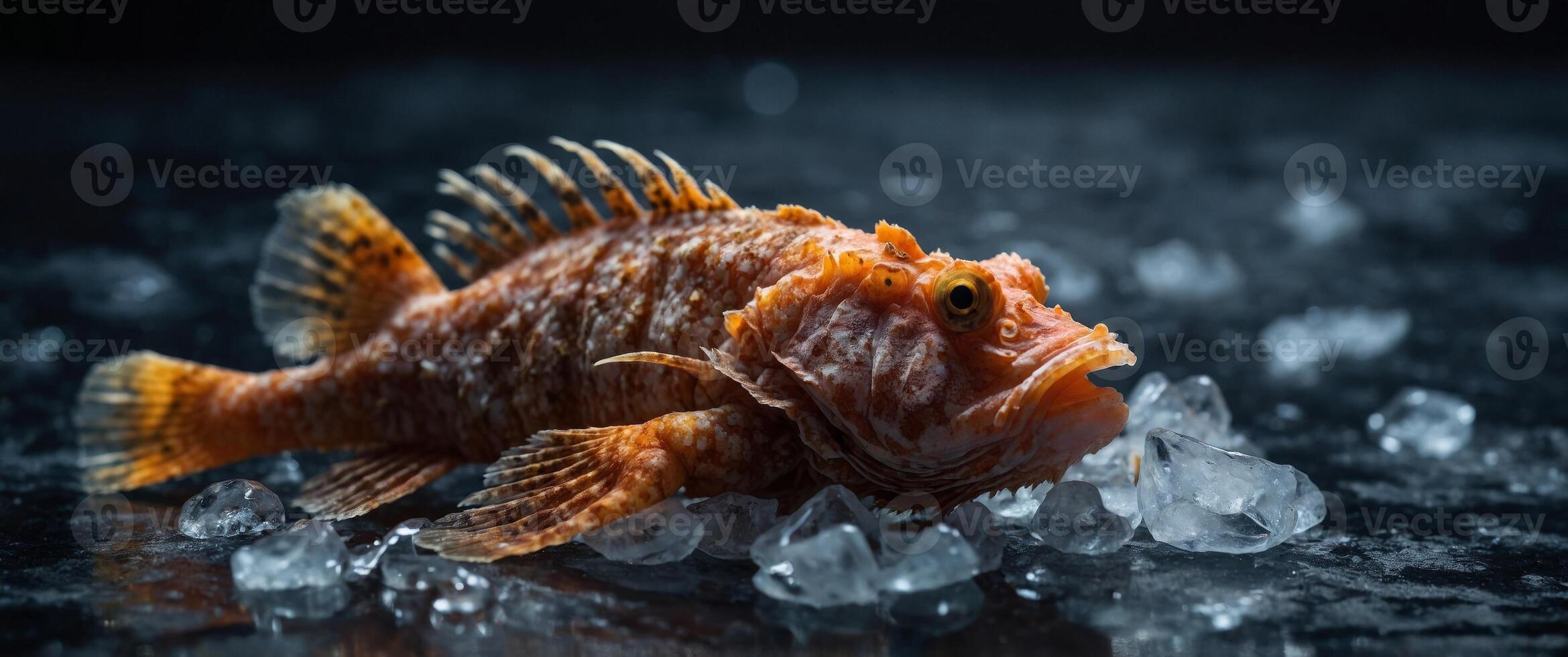 Fresh scorpion fish on ice on a black stone table top view. photo