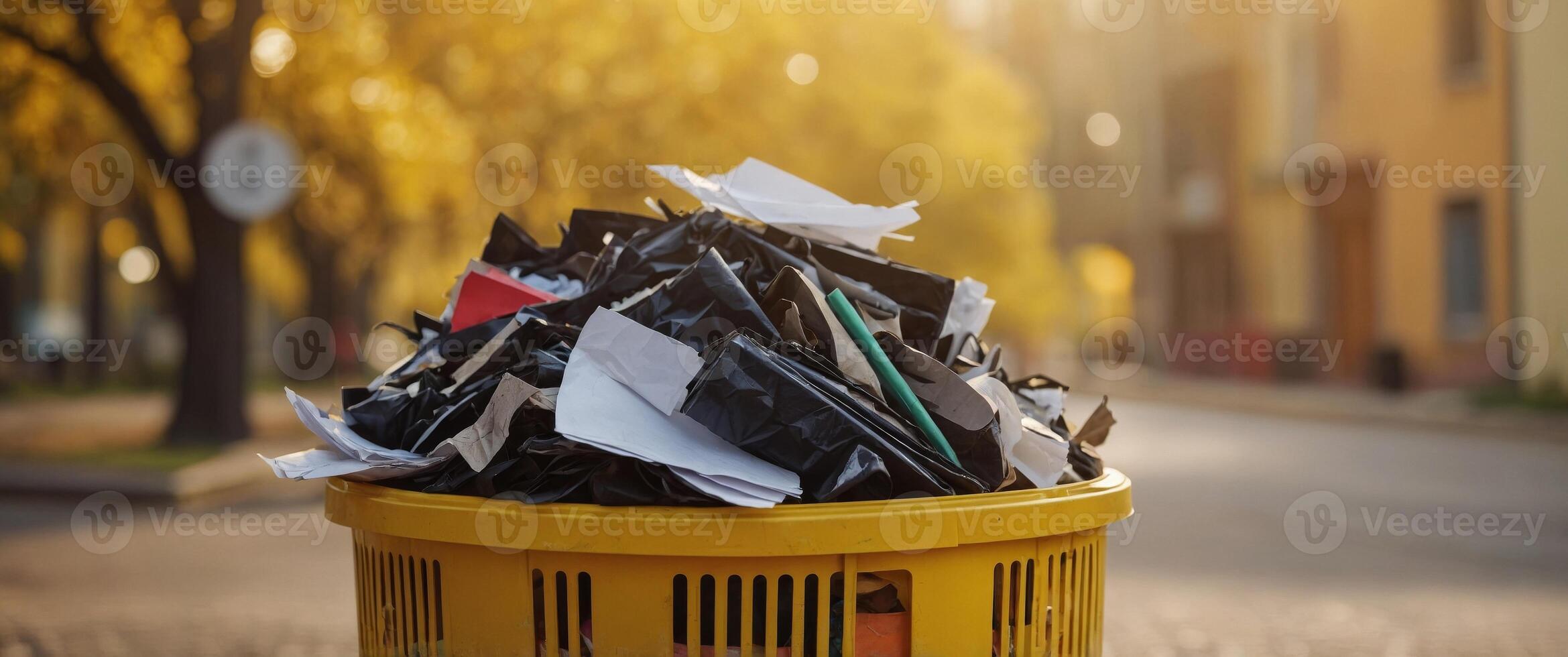 Paper trash stacked on recycle bin on yellow background. photo