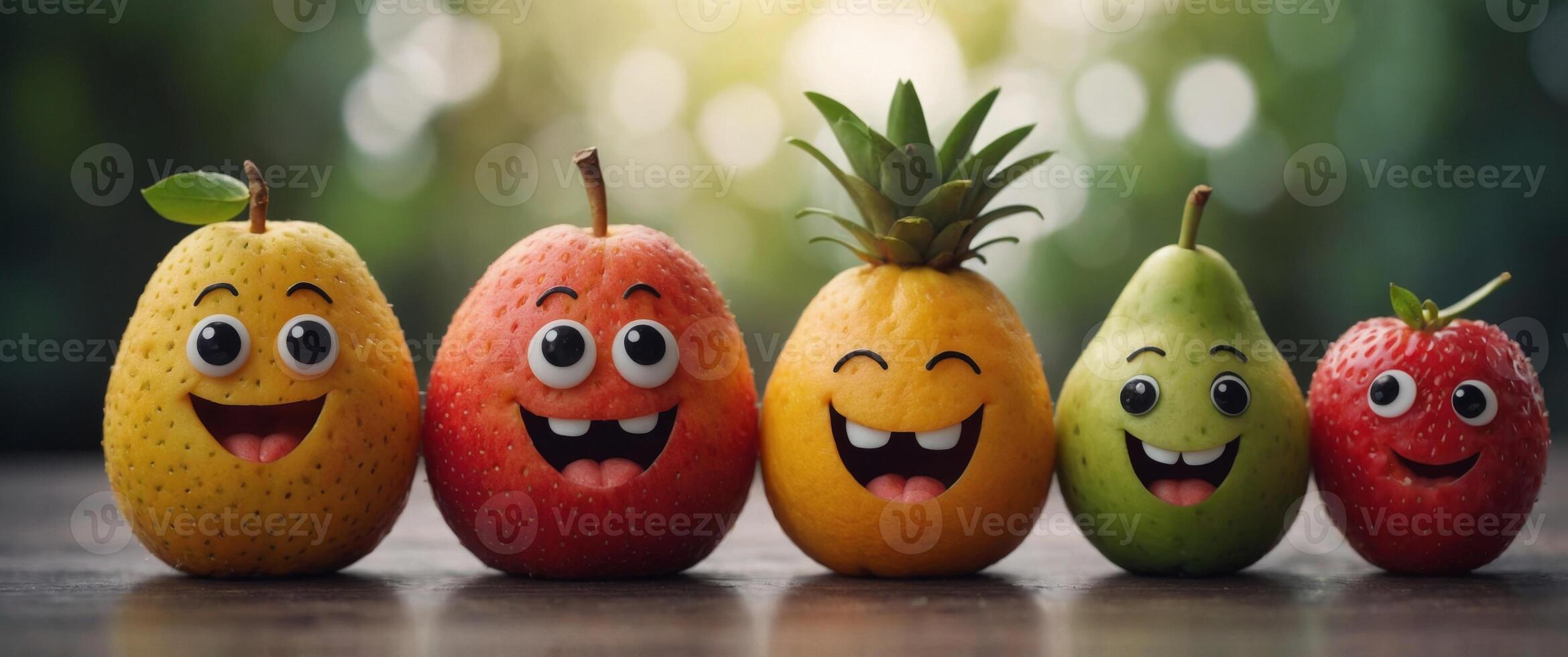 Adorable fruit characters with happy faces. photo