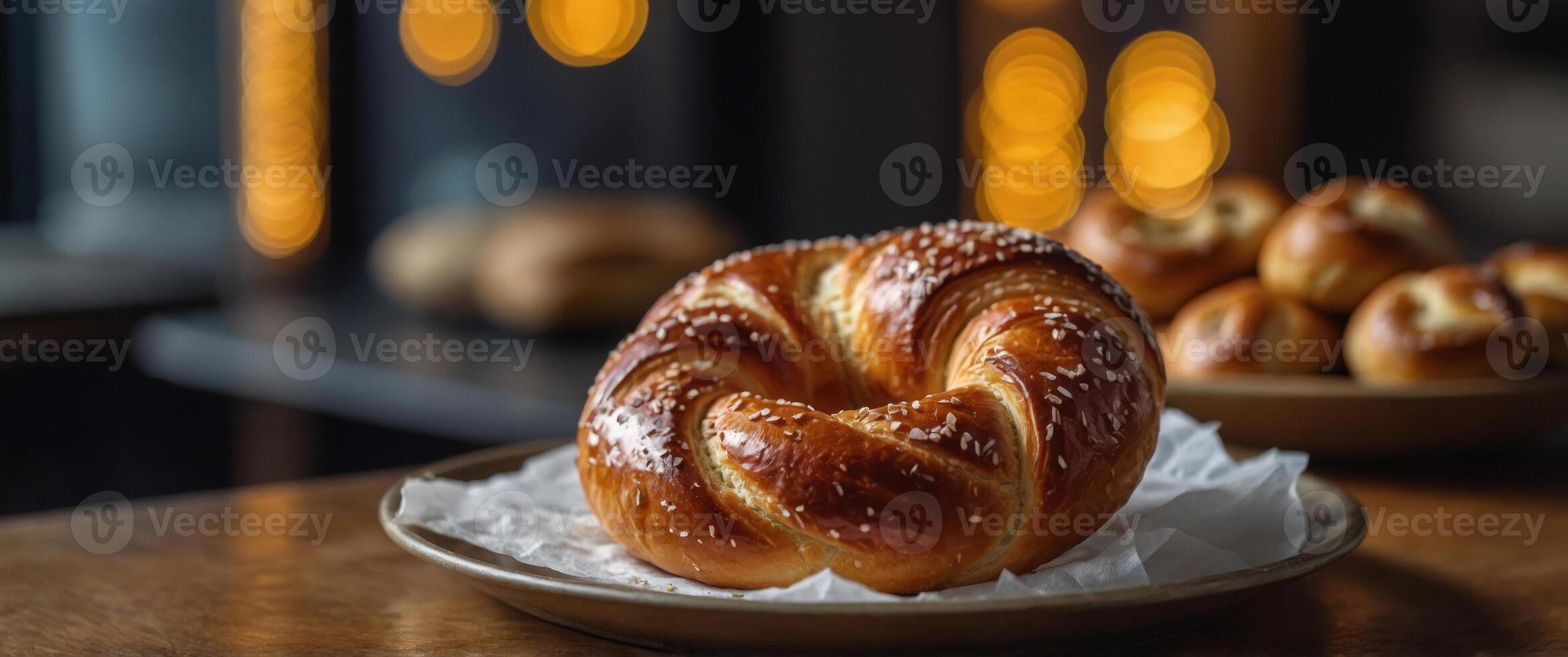 Perfectly Baked Pretzel with Golden Crust and Coarse Salt Served with Mustard Baked Bread and Pastries Concept. photo