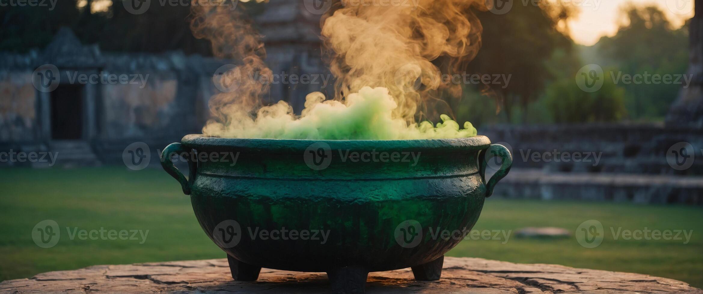 Mystical Cauldron Emitting Green Smoke in Ancient Temple at Dusk. photo