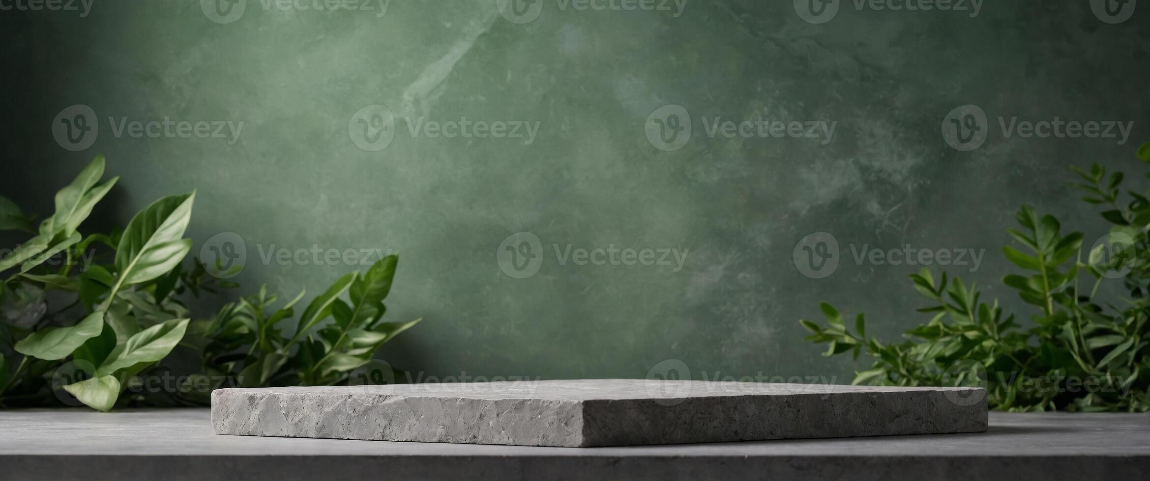 natural stone and concrete podium in natural green background for empty show for packaging product presentation background for cosmetic products the scene with green leaves mock up the pedestal. photo