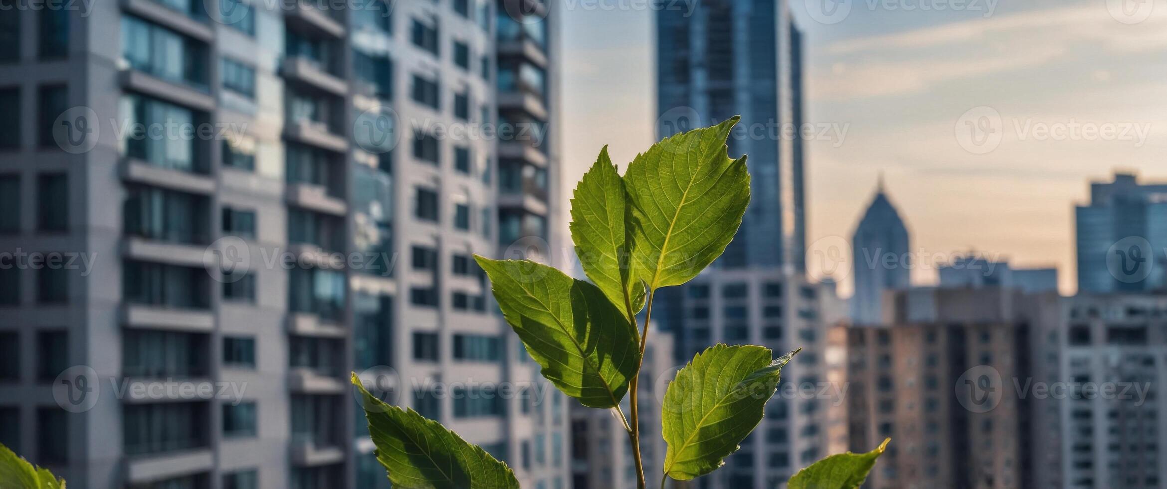 A leaf is growing in a city with tall buildings in the background. photo