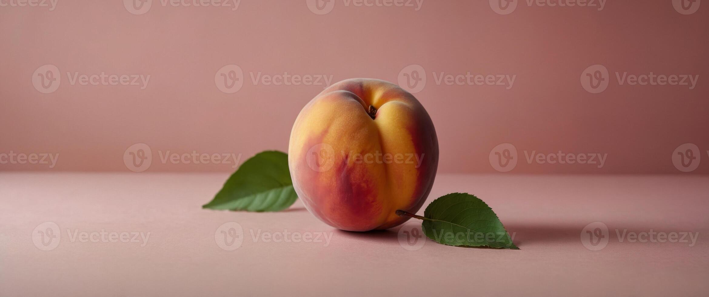 A peach with a leaf on it is shown in a pink background. photo
