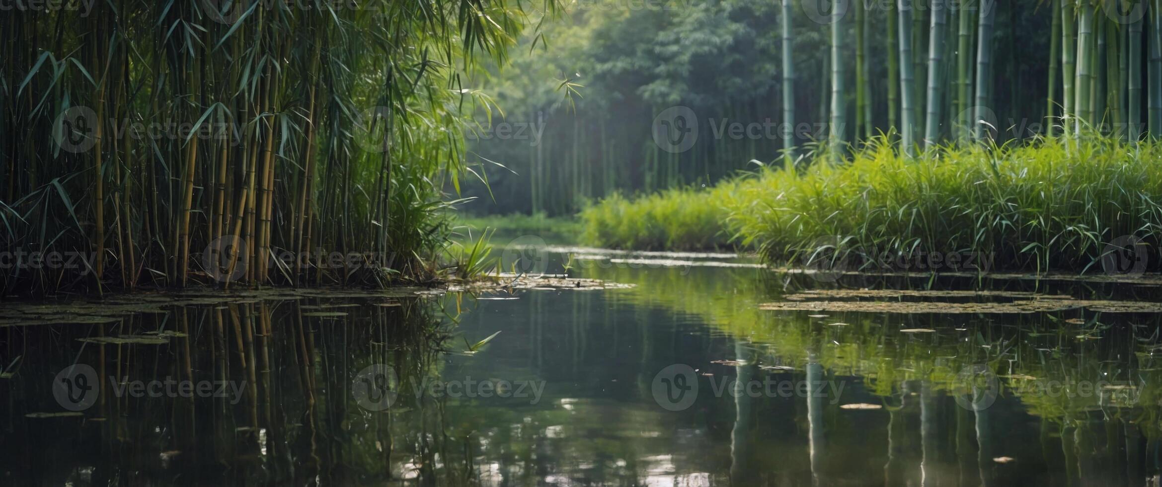 a peaceful pond surrounded by towering bamboo stalks their rustling leaves creating a soothing soundtrack to the tranquility of the scene. photo