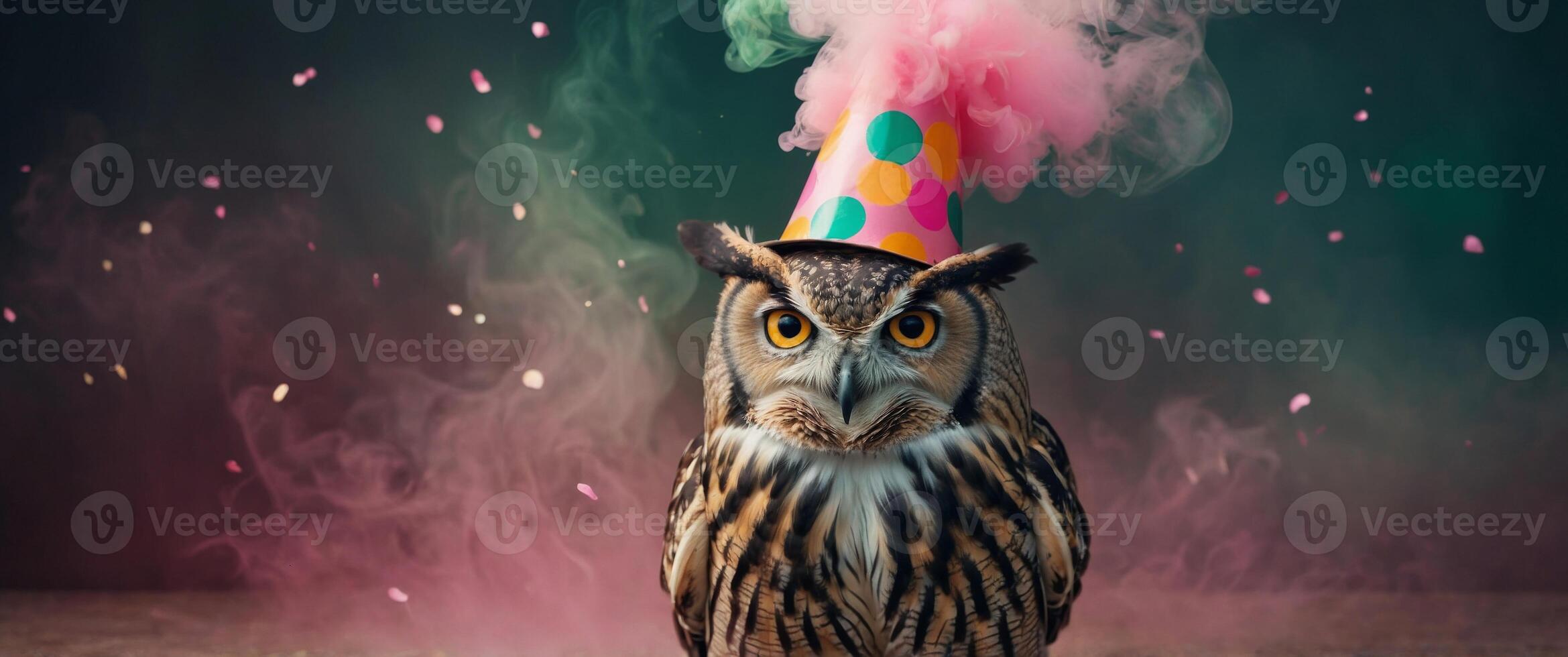 Owl in a Party Hat with Pink and Green Smoke. photo