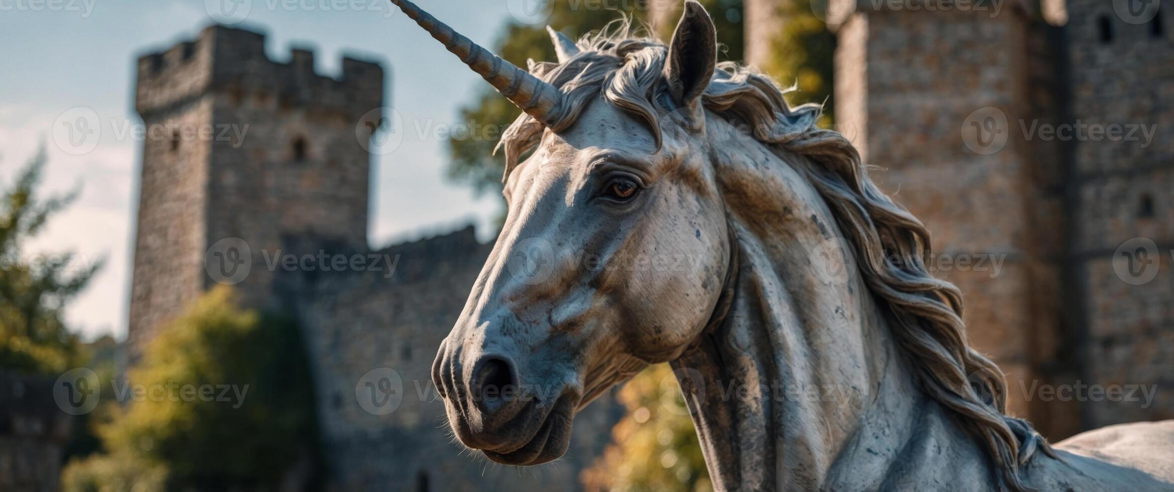 Majestic Unicorn in Front of Medieval Stone Castle. photo